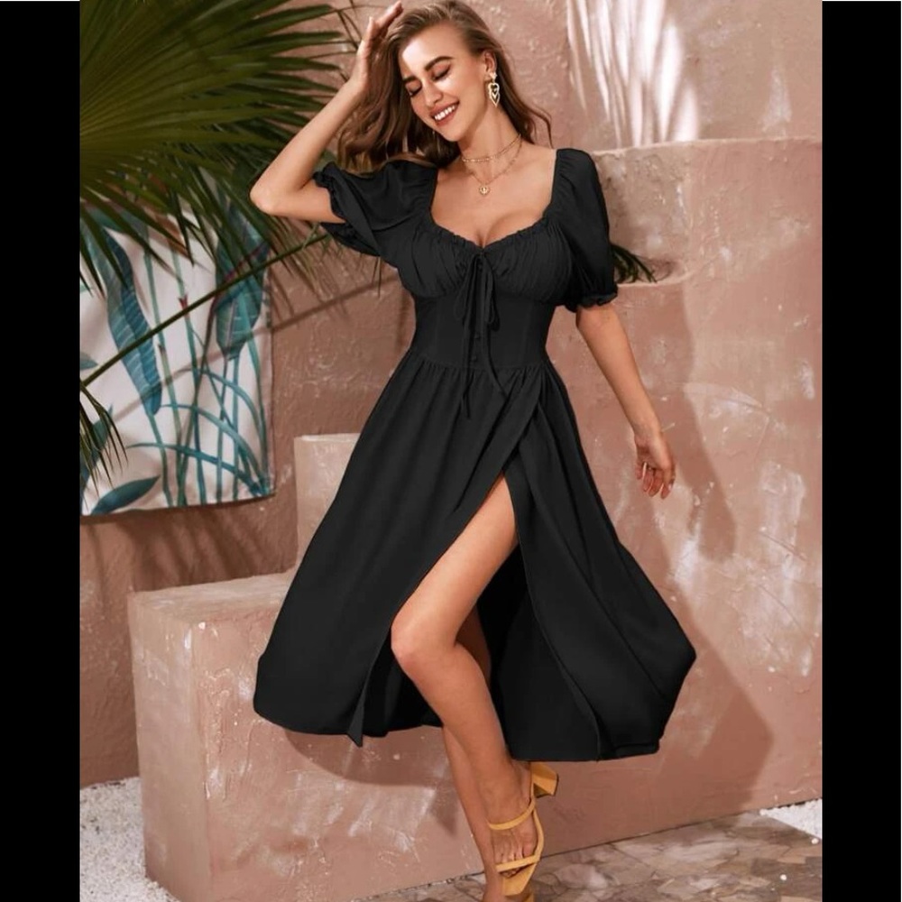 Sweetheart neck ruched button front wrap split hem